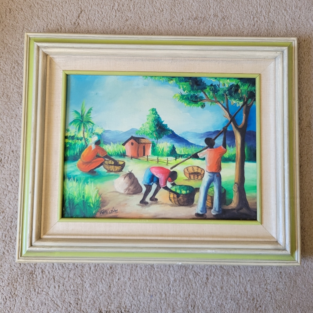 Fritzner Fritz Cedon Framed Painting Haiti 1980s 16x12in Daily Life Farming
